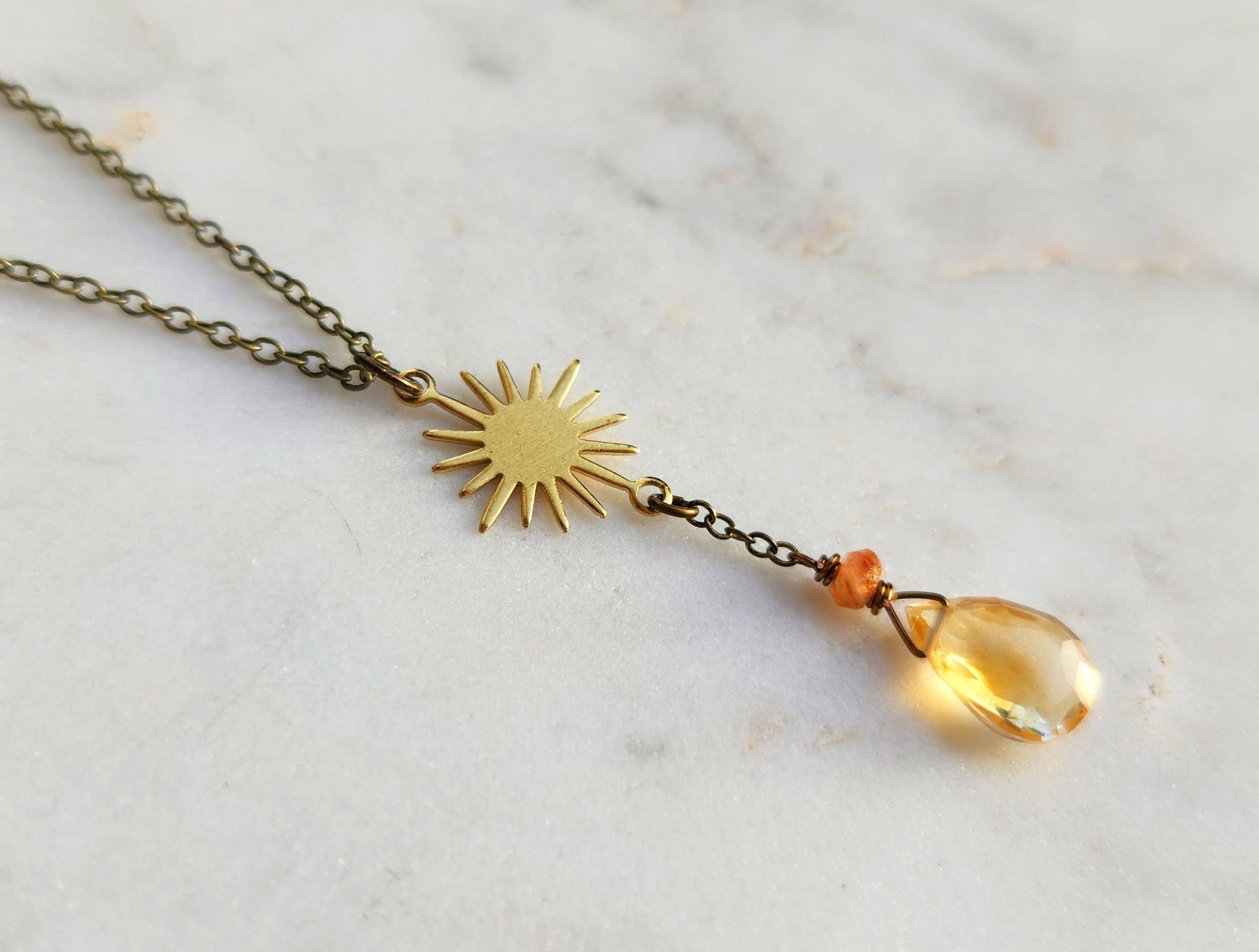 Citrine with Sunstone Brass Sun Charm Y Chain Necklace for Fall