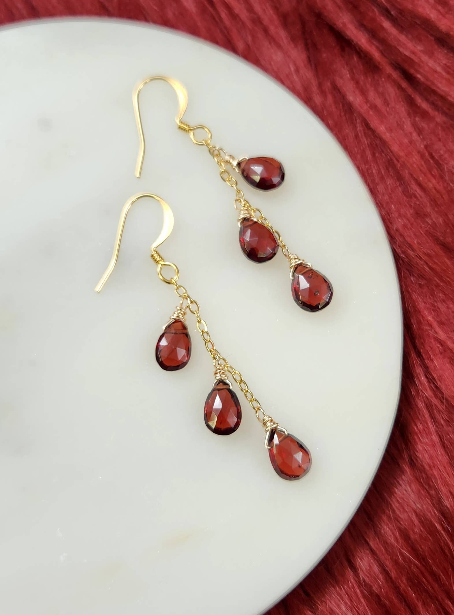 Triple Garnet Gold Chain Earrings