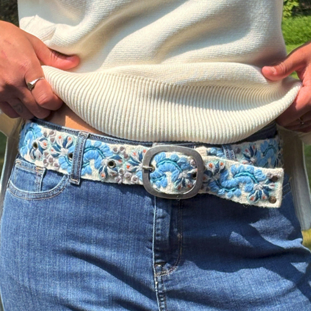 Blue Serenade Embroidered Wool Belt