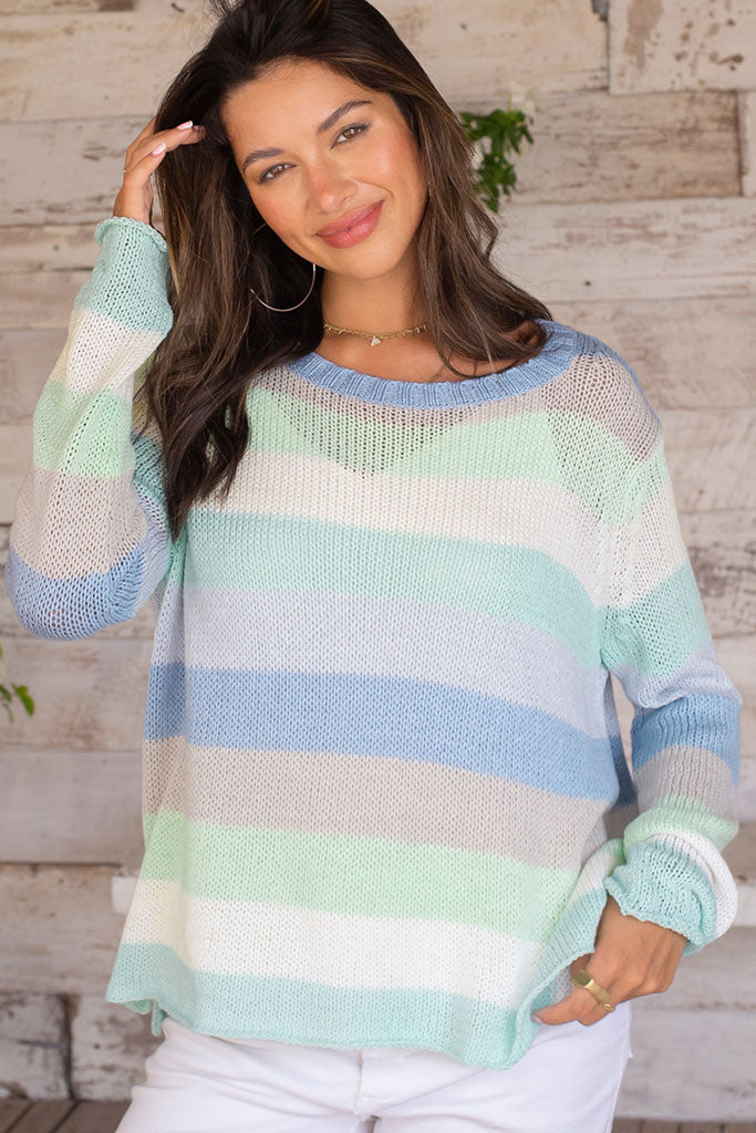 Flower Market Cotton Sweater - Blue Stripe
