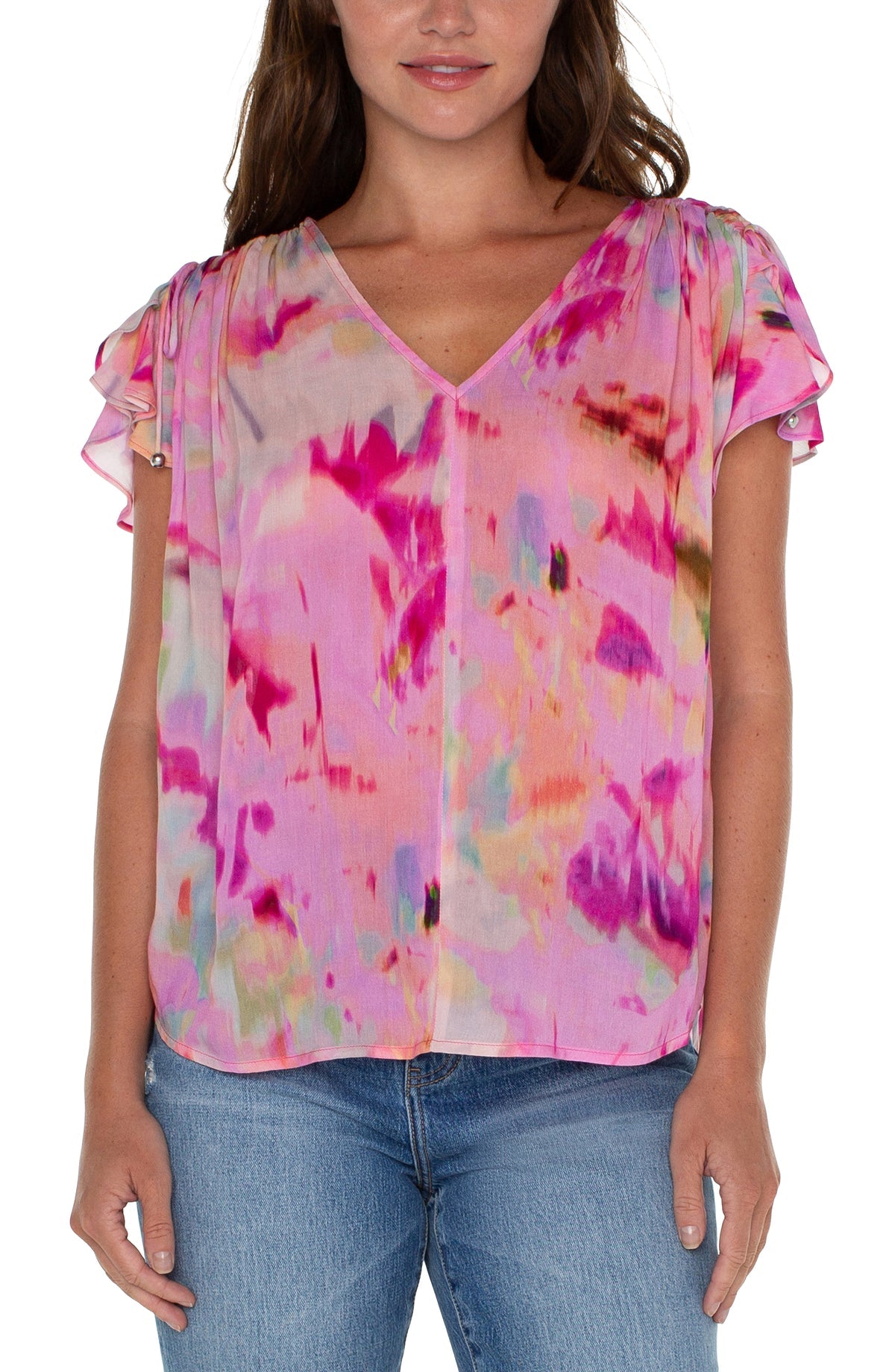 Shirred V-Neck Top With Tie Detail - Fuchsia Watercolor