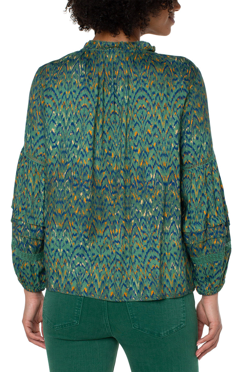 Tie Front Popover Shirred Ikat - Emerald Ikat Print