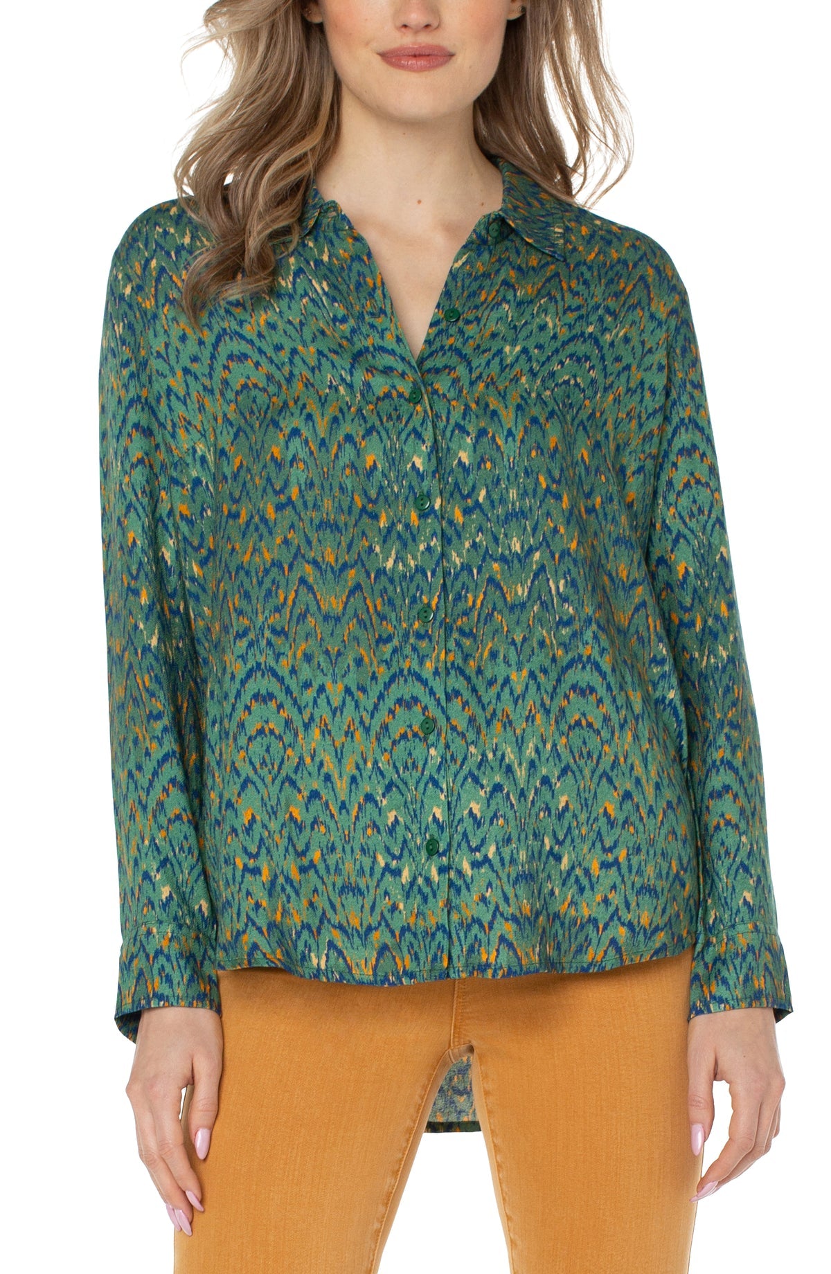 Button Up Woven Blouse - Emerald Ikat Print n- SALE