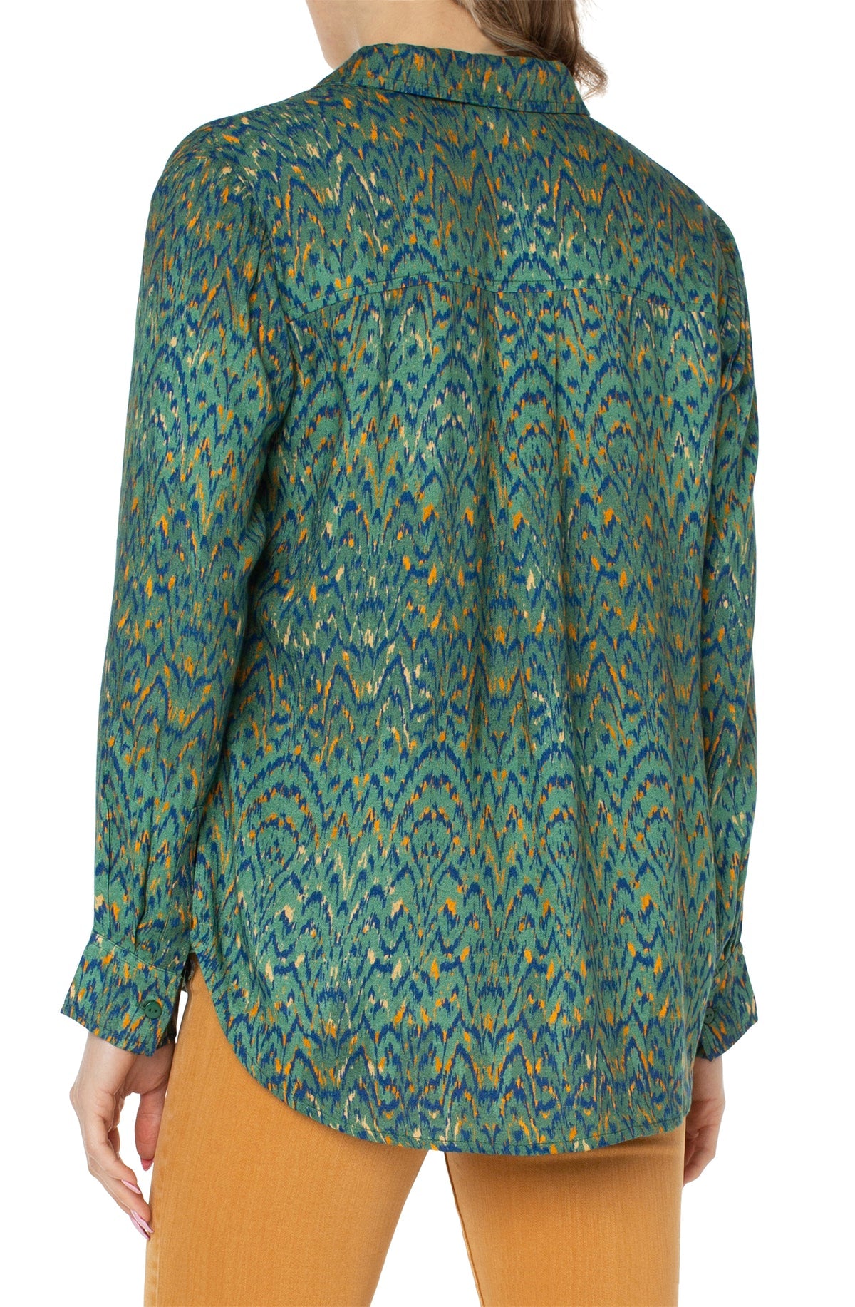 Button Up Woven Blouse - Emerald Ikat Print
