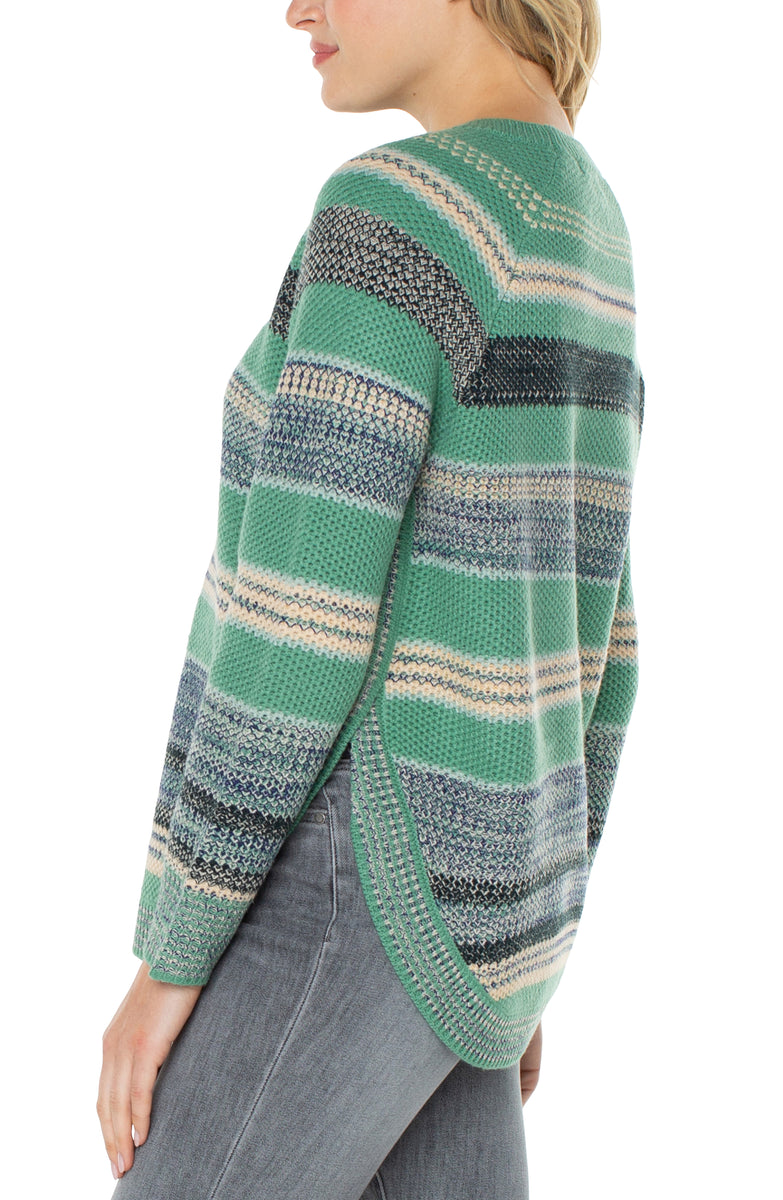 Raglan Sweater w/ Rounded Hem - Emerald Multi Stripe