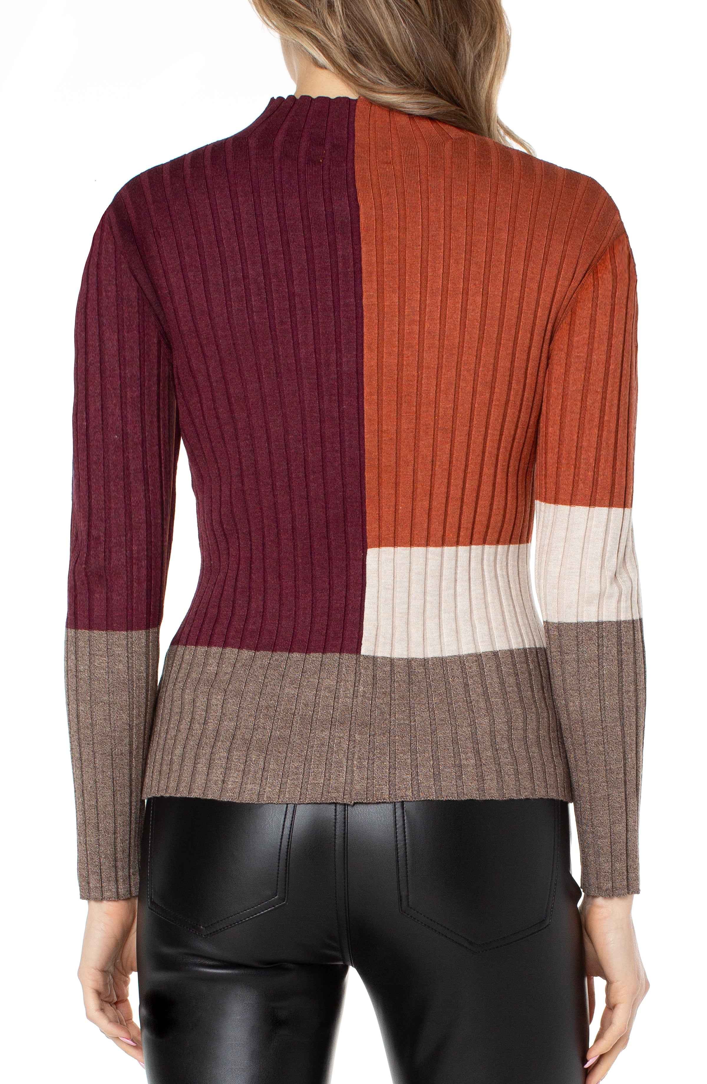 Mock Neck Pullover Sweater - Burgundy/Rust Colorblock