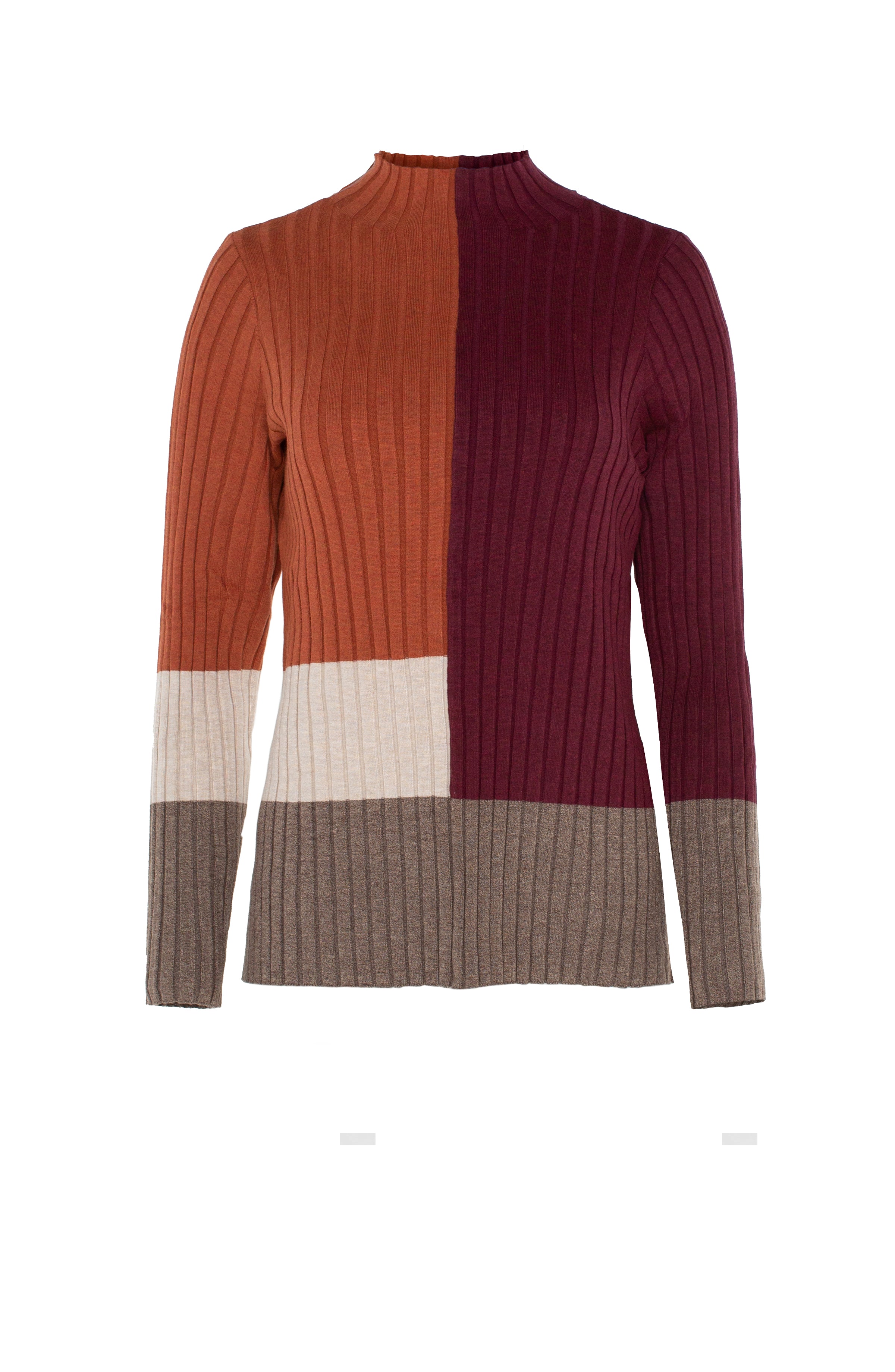 Mock Neck Pullover Sweater - Burgundy/Rust Colorblock