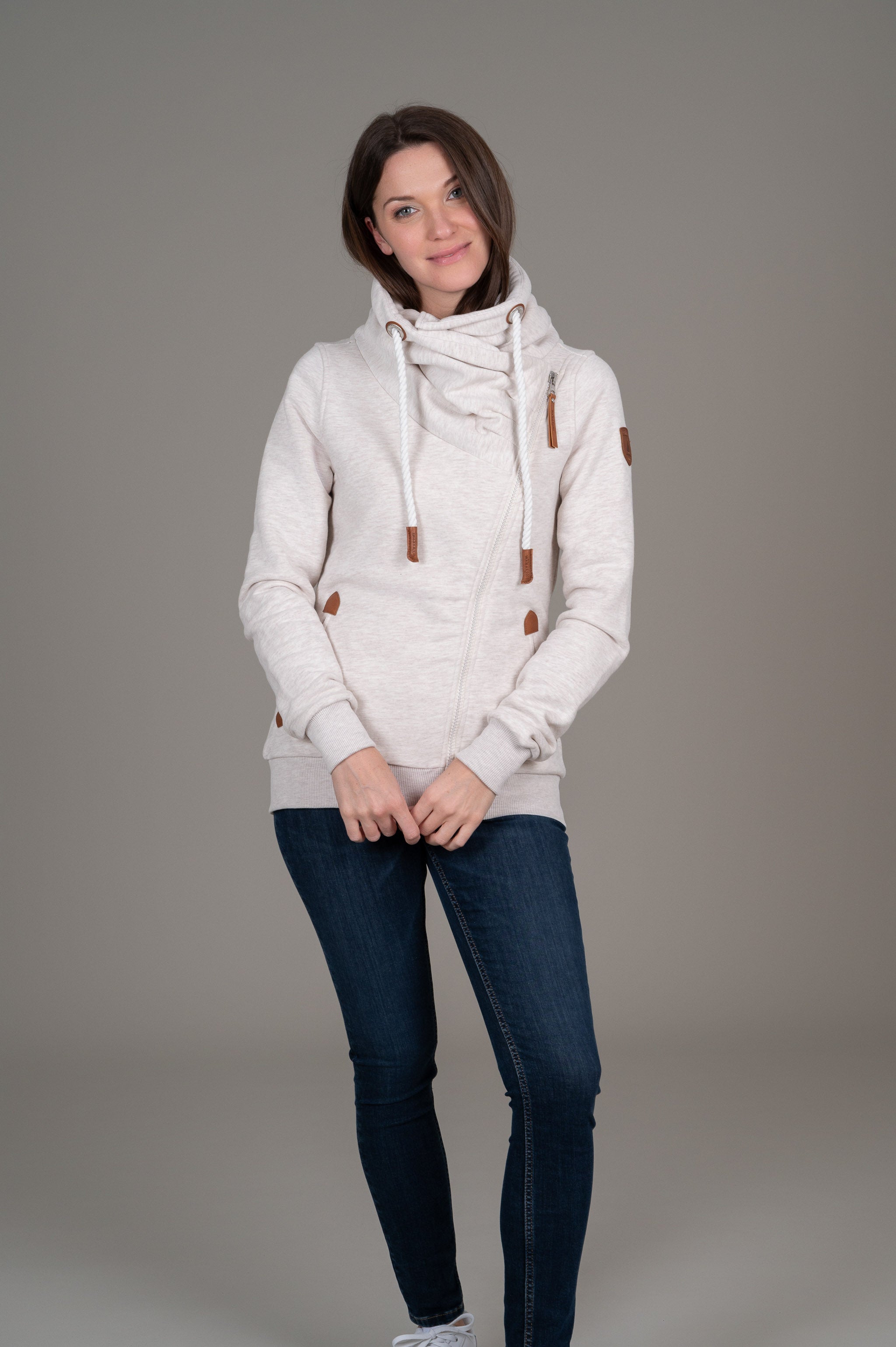 Hestia Full Zip Cowl Neck Sweatshirt - Oatmeal