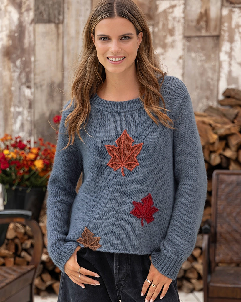 Falling Leaves Crew Chunky Sweater - Twilight Sky