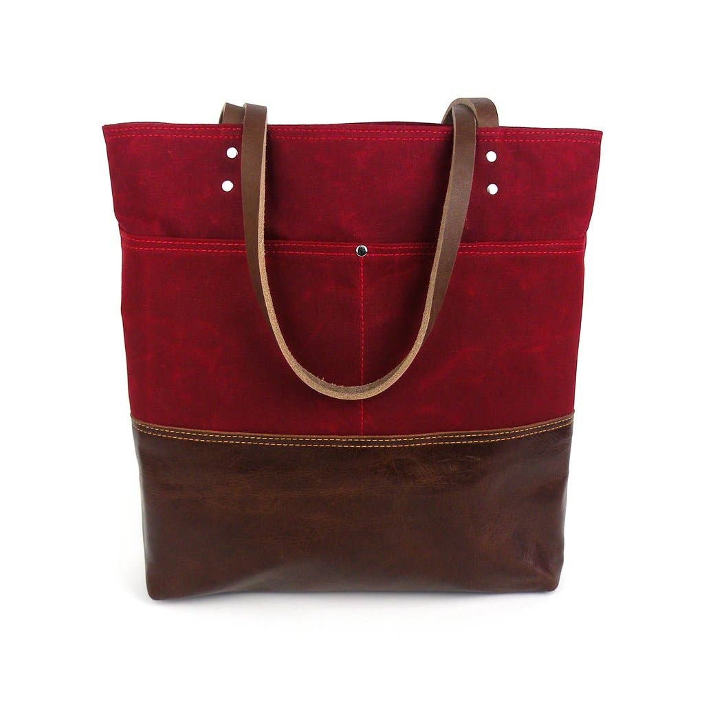 Urban Tote in Red Waxed Canvas and Distressed Leather