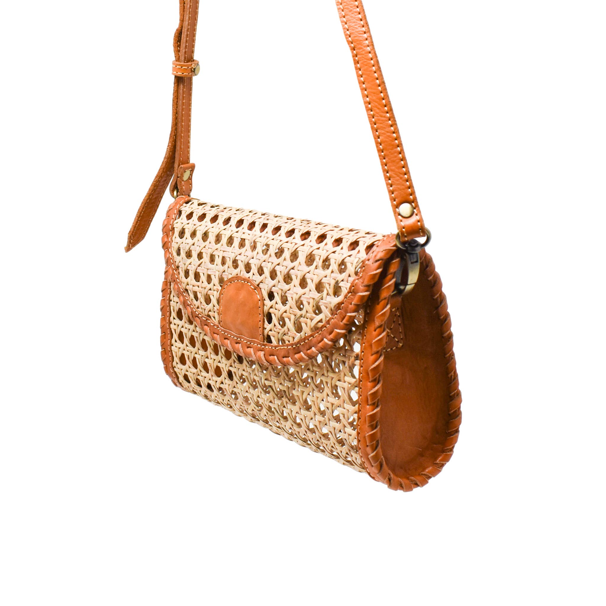 Ainsley Cane and Leather Crossbody Bag - Camel