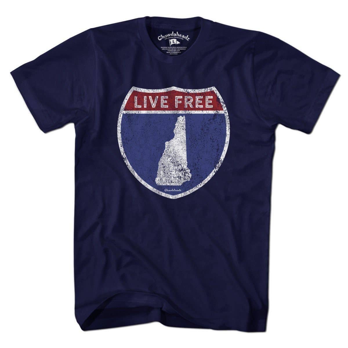 Live Free New Hampshire Highway Sign T-Shirt: Unisex | Navy