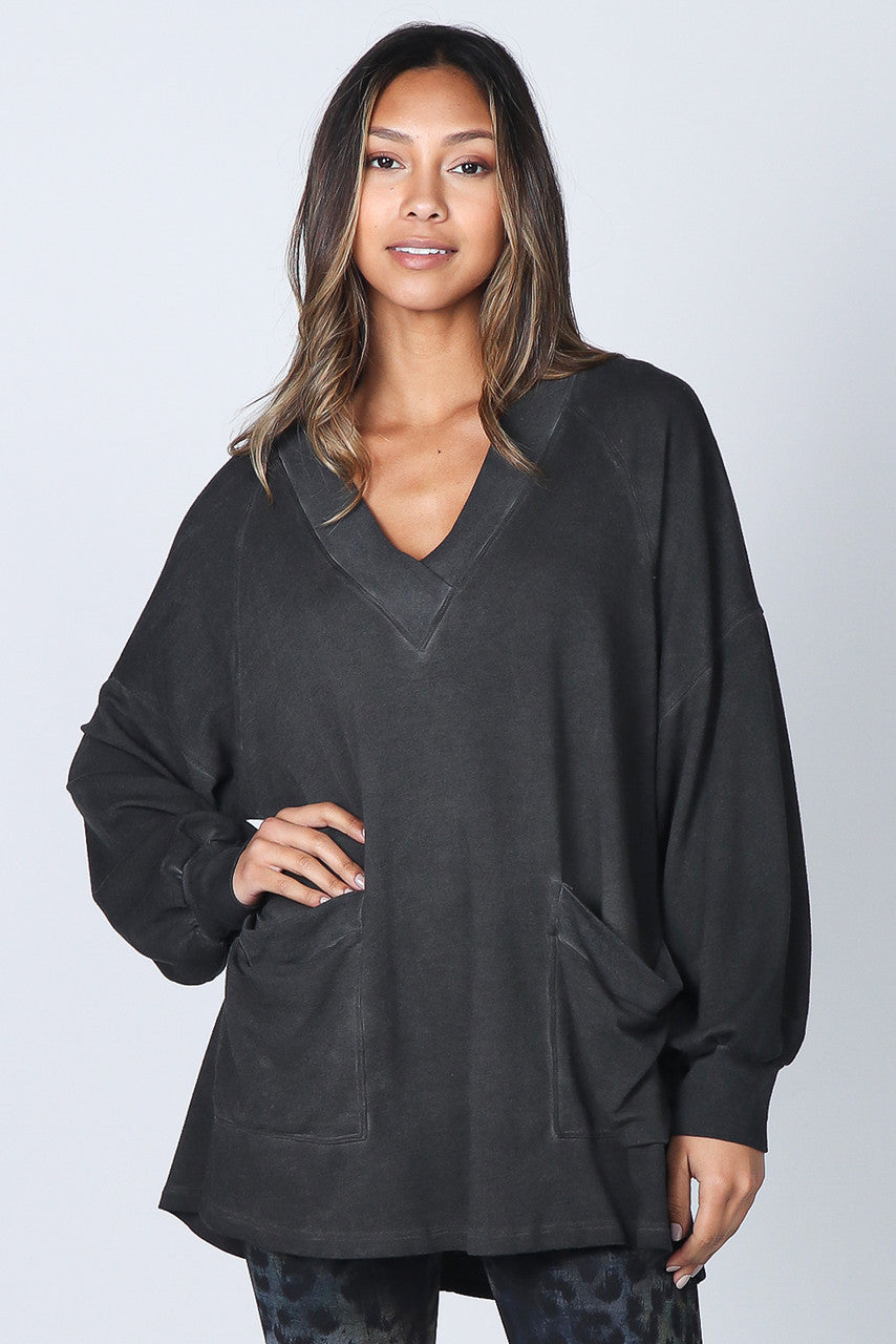 Oil Washed Baby French Terry V-Neck Tunic - Caviar