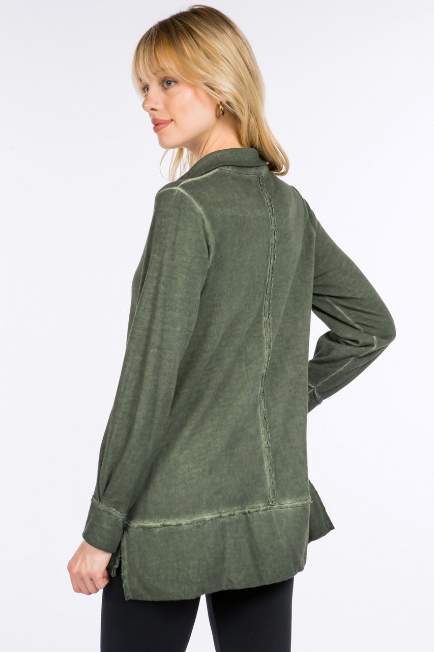 Oil Washed French Terry Split Neck Collared Tunic - Spruce