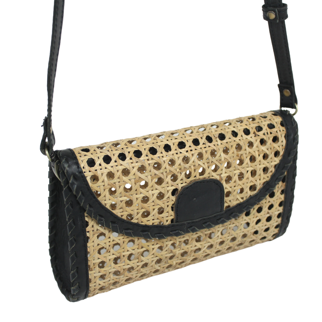 Ainsley Cane and Leather Crossbody Bag - Black