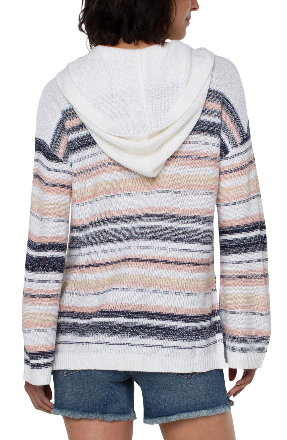 Drop Shoulder Pullover Sweater With Hood - Cream Navy Pink Tan